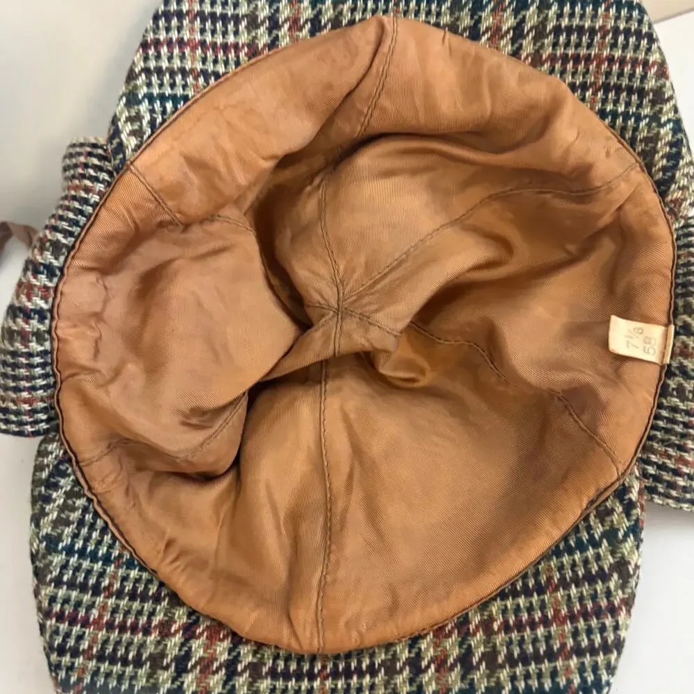 Vintage Tweed Wool Plaid Deerstalker Sherlock Holmes Hat Iconic Hunting Preppy